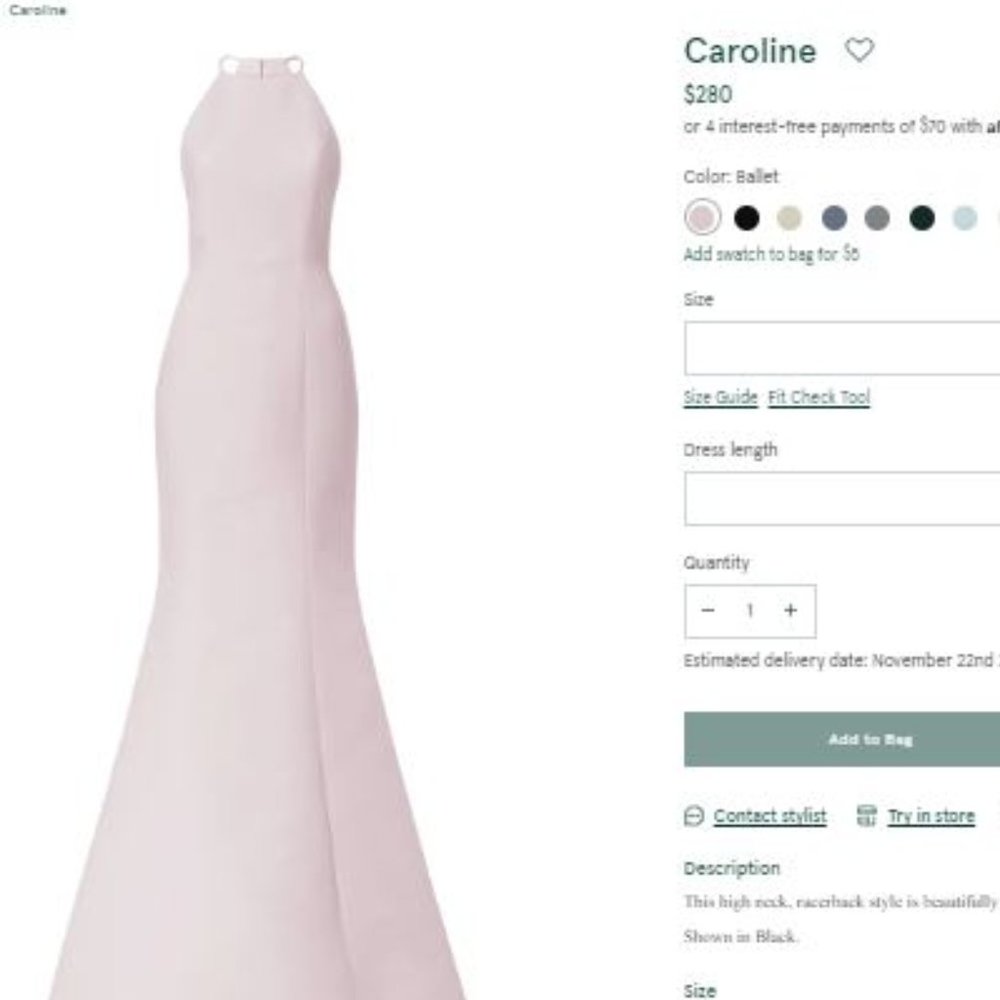 Amsale Caroline Bridesmaid Dress; Faille Fabric; Ballet Color; Size 8